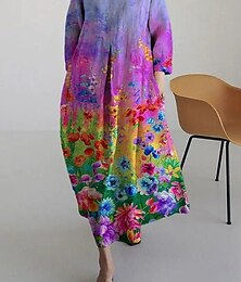 ieftine -Pentru femei Rochie Maxi Rochie A line Rochie Fit And Flare Petrecere Gril pe Kamado Casual Petrecere Birou Invitat la nunta Potrivire Largă Floral Grafic Manșon Lung Stil Nautic Galben Roșu-aprins