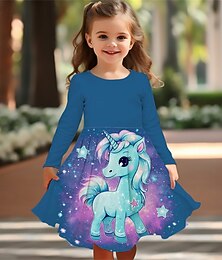 ieftine -Girls ' 3D Inorog Rochie Manșon Lung Vară Primăvară Vacanță Zilnic Concediu Prințesă Frumoasa Dulce Copii 4-12 ani Rochie casual Rochie A line Lungime Genunchi Fit regulat