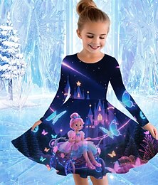 abordables -FILLE 3D Dessin animé Papillon Robe manche longue Été Printemps Vacances Quotidien Fête Princesse Beau Doux Enfants 4-12 ans Robe Décontractée Robe trapèze Mi-long Coupe régulière