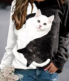 abordables -T-shirt femme à manches longues graphique animal chat vintage stylée classique à manches longues col crew col rond tops réguliers impression quotidienne noir et blanc printemps automne préautomne