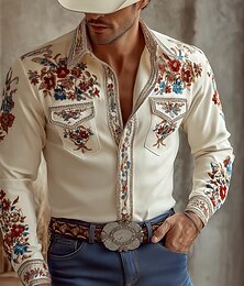 economico -Per uomo Stampa 3D Stampa Floreale Fiori Camicia Western Camicia con Bottoni Camicia da cowboy Manica Lunga Vintage Retrò All'aperto Ferie Primavera Autunno Collo ripiegato camicie con colletto Due