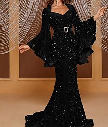 ieftine -Trompetă / Sirenă Lungime Podea Rochii de bal Rochii de seara Rochie De Bal Rochie formală Elegant Manșon Lung In Formă de Inimă Oficial Nuntă Rochie roz Paiete cu Volane