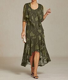 abordables -Femmes Robe maxi Robe à Volants Élégant Mariage robe demoiselle d honneur Soirée Fleuri Sans manches Col en U Olive Été Printemps