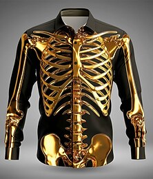 economico -Halloween Per uomo Dorato Scheletro Costumi Halloween Camicia Camicia con Bottoni Manica Lunga Gotico punk oscuro All'aperto Ferie Estate Primavera Collo ripiegato Stampa 3D camicie con colletto Oro