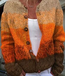 abordables -Cardigan Femme Tricoté Ridé Boutonné Devant Col Rond Manches Longues Léger Femme Mode Quotidien Décontracté Floral Géométrique Rayé Imprimé Tricot Extérieur Quotidien Rendez-vous Jaune Orange Automne