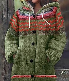 abordables -Femmes Cardigan ancien Quotidien Style Vintage Géométrique Côtelé À capuche Tricoté Imprimé Poche Avant manche longue Hauts Réguliers Tricoter Extérieur Quotidien Vert Automne Hiver