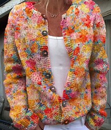 abordables -Cardigan pour femmes en tricot côtelé devant boutonné col rond manches longues léger féminin mode quotidien décontracté floral graphique impression de boutons tricot extérieur date quotidienne rose