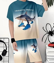お買い得  -男の子用クールトララレロトラララスポーツシューズ、サメ、イタリアンブレインロットプリント、半袖ショートパンツセット、ニット、通気性、万能、春/夏、漫画文字Tシャツ、カジュアル、ラウンドネック、半袖