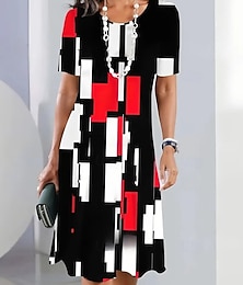 levne -Elegantní dámské večerní midi šaty s krátkým rukávem a výstřihem do krku A-line šaty ležérní boho každodenní regular fit grafika geometrická károvaná černá léto jaro podzim