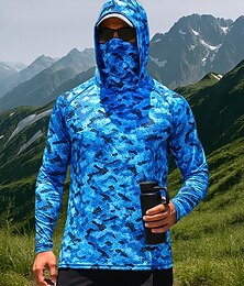 baratos -Homens Camisa de Trilha Camisa de pesca Camisa com proteção UV Manga Longa Com Capuz Blusas Ao ar livre Proteção Solar UV Respirável Poliéster Côr Camuflagem Azul Pesca Viajar Corrida