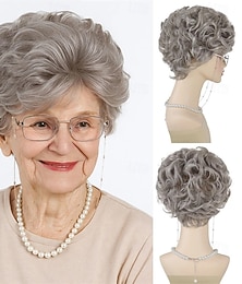 economico -parrucche corte con taglio pixie per donne anziane, parrucca con capelli grigio argento a strati con frangia, parrucche sintetiche ondulate e ricce per vecchie signore, festa quotidiana, nonna