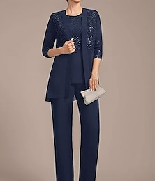 economico -Completo di pantaloni a tre pezzi floreale con paillettes e pizzo per la madre della sposa elegante vintage collo a girocinto lunghezza alla caviglia manica a metà con giacca