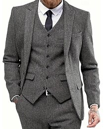 economico -Uomo Casuale Completi in Tweed Bavero classico Grigio scuro Formale Spina di Pesce Vestibilità su misura 3 pezzi