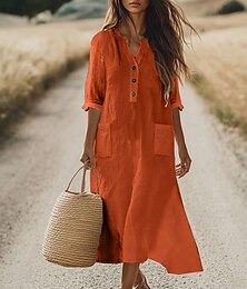 abordables -Femmes Robe Midi Robe Chemise Robe en coton et lin Classique Moderne Extérieur Vacances Sortir Coupe régulière Uni manche longue Col en V Noir Violet Orange Bleu clair Automne
