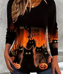 abordables -T-shirt Femme Halloween Citrouille Graphique Chat Vintage Chic Classique Manches Longues Col Ras du Cou Tops Normaux Imprimé Orange Printemps Automne Hiver