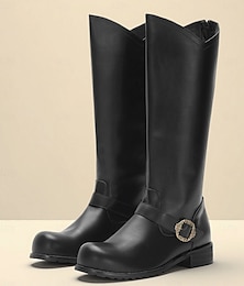 abordables -Botas altas de montar de cuero genuino negro para hombre con detalle de hebilla: botas altas hasta la rodilla de inspiración medieval clásica para festivales, presentaciones en el escenario y disfraces de Halloween.
