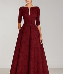 economico -abito da sera a trapezio blu bordeaux elegante abito formale da sposa lungo fino al pavimento mezza manica scollo a V tasca raso con fiocco(i) spalline 2025