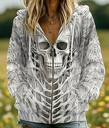 abordables -Sweatshirts à capuche Halloween pour femmes avec des crânes graphique citrouille mode décontractée à manches longues hauts réguliers streetwear quotidien avec poche zippée imprimé noir rouge orange