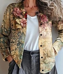 halpa -Naisten neulecardigan ribbattu nappikiinnitys pyöreä kaula-aukko pitkät hihat kevyt tyylikäs vintage kukkakuviot crew neck printti regular yläosat neulottu ulkoilu koti päivittäinen keltainen