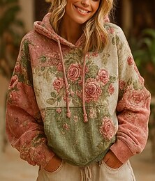 abordables -Sudadera con capucha bohemia vintage de impresión 3D para mujer sudadera de parcheo pulóver floral casual con capucha ropa diaria de calle parcheo impresión bolsillo frontal rosa púrpura verde