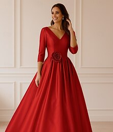abordables -Ligne A Robe de Soirée Élégant Robe de soirée Formel Mariage Longueur au sol Manche 3/4 Col en V Satin Extensible avec Froncé 2025