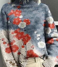 preiswerte -Damen Pullover Urlaub Täglich Blumen Tiermotiv Gerippt Rollkragen Druck Langarm Normale Oberteile Stricken Outdoor Täglich Ferien Wein Rote Herbst Winter
