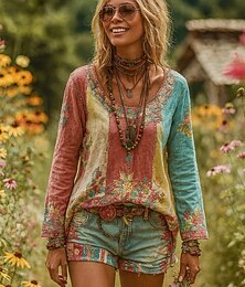 abordables -Camiseta de mujer de manga larga con gráfico plantas bohemia vintage elegante larga escote redondo regular tops diarios fin de semana estampado amarillo rosa primavera preotoño