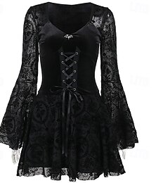 abordables -Gótico Mini Vestidos Campana Bruja Encaje Terciopelo Faja Floral Disfraz Mujer Fantasía Víspera de Todos los Santos Carnaval Rendimiento Fiesta Adultos Vestido