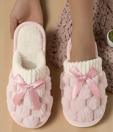 abordables -Chaussons d'intérieur en peluche rose pour femme – chaussons d'hiver en fourrure avec nœud en satin pour la chambre, le salon et les vêtements d'intérieur confortables