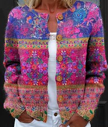 abordables -Pull cardigan pour femmes en tricot avec boutons à l'avant col rond manches longues léger graphique floral quotidien géométrique impression avec boutons hauts réguliers tricot extérieur week-end