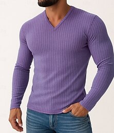 abordables -T-shirt à manches longues et col en V pour homme, coupe slim, décontracté, en tricot, uni, style décontracté, pour le printemps, l'automne et l'hiver, style streetwear, basique, tricot, noir, blanc, violet
