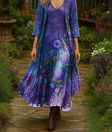 levne -Dámské Sada šatů Maxi šaty Áčkové šaty prázdniny Cikánský Květinový Grafika Vícevrstvé Tisk Maxi šaty 3/4 délka rukávu Do V Venkovní Denní Rubínově červená Vodní modrá Světle fialová Léto Jaro Běžný