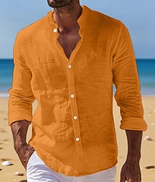 cheap -Men's Shirt Linen Shirt Summer Shirt Beach Wear Button Up Shirt Plain Daily Streetwear Blue Black White Pink Long Sleeve Band Collar Spring & Summer Summer Clothing Apparel