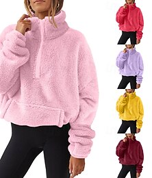 baratos -Mulheres Moletom camisolas Tecido Roupa de rua Casual Manga Longa Gola Alta Tops regulares Rua Feriado Para Noite Zíper Bolsos Amarelo Rosa Vinho Rosa Escuro Roxo Inverno