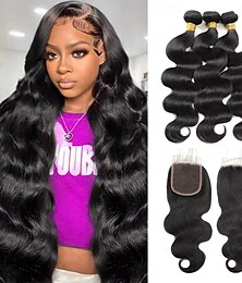 abordables -Extensions de cheveux brésiliens ondulés, lot de 3 mèches avec fermeture, dentelle 4x4