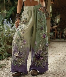 abordables -Femmes Jambe large Pantalons Pantalon palazzo ancien Boho Longueur complète Taille haute Fleur Taille Élastique Impression Respirabilité Confortable Rue Tenue quotidienne Sortir Vert Printemps Automne