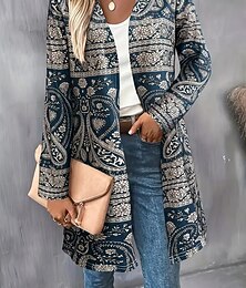 abordables -Mujer Abrigo de invierno Gabardina Ligero Cómodo Estampado Frente Abierto Vintage Moda Casual Floral Vacaciones Casual Largo Sin Cuello Ajuste regular Manga Larga Ropa de calle Azul Piscina Morado