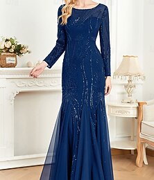 abordables -Vestido para la madre de la novia elegante de fiesta de cuello redondo largo hasta el suelo mezcla de algodón manga larga con lentejuelas
