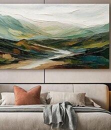 お買い得  -キャンバスに描かれたオリジナルの山の油絵、3Dインパストグリーンアート、ミニマリストの風景画、抽象的なテクスチャ、グリーンウォールアート、大きな壁の装飾