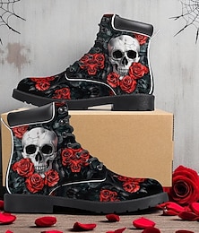 economico -stivali da combattimento da uomo con teschio e rosa rossa – stivaletti allacciati in stile punk gotico per Halloween, cosplay, feste e streetwear