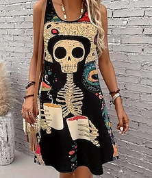 abordables -Halloween Femmes Robe Longueur Genou Robe Décontractée Robe trapèze ancien Élégant Occasionnel Maison Soirée Plage Coupe régulière Graphique Crâne Sans manches Col en U Col Rond Noir Été Printemps