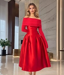 abordables -Ligne A Robes de Cocktail Élégant Robe de soirée Formel Mariage Longueur thé manche longue Épaules Dénudées Satin avec Plis 2025