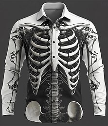 economico -Halloween Per uomo Illusione ottica Scheletro Camicia Camicia con Bottoni Manica Lunga Gotico punk oscuro All'aperto Ferie Estate Primavera Collo ripiegato Stampa 3D camicie con colletto Bianco