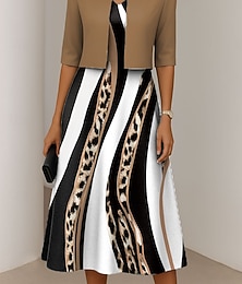 abordables -Femmes Robe Ensemble Robe trapèze Robe d'été Élégant Occasionnel Graphique Léopard Imprimé Robe Midi Demi Manches Col en V Vacances Date Rose Claire Bleu Vert Printemps Automne Coupe régulière
