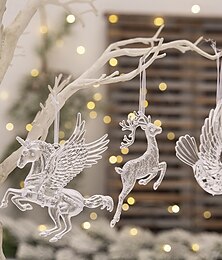 ieftine -3 buc ornamente suspendate de Crăciun din cristal, decorațiuni creative pentru brad de Crăciun, decor suspendat din acrilic transparent cu unicorn și ren, accesorii pentru casă de vacanță și petrecere