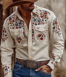 billiga -Herr Blomtryck Blommor Skjorta Västerländsk skjorta Cowboyskjorta Långärmad Vintage retro Utomhus Dagligen Arbetskläder Höst vinter Nedvikt 3D-utskrift Främre två fickor Skjortor med knappar Gul