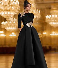 preiswerte -A-Linie Abendkleid Elegant Formelle Kleidung Formell Hochzeit Bodenlang Langarm Rundhalsausschnitt Satin mit Glitzer Falten 2025