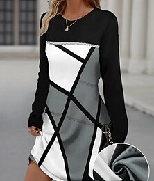 preiswerte -Damen Minikleid T-Shirt-Kleid Shiftkleid Urlaub Lässig Täglich Ferien Date Normale Passform Grafik Geometrisch Langarm Rundhalsausschnitt Schwarz Frühling Herbst Winter