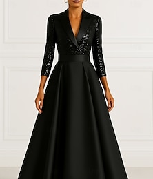 abordables -Robe smoking Robe haute-basse Formel Mariage robe demoiselle d honneur Strass Élégant Manches 3/4 plissées Longueur au sol Revers crantés