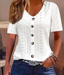 levne -Bílé elegantní krajkové topy pro ženy s očkovacími detaily každodenní běžné topy krátký rukáv výstřih do V knoflíky volný střih každodenní romantické drobné topy letní prázdninové oblečení bílé